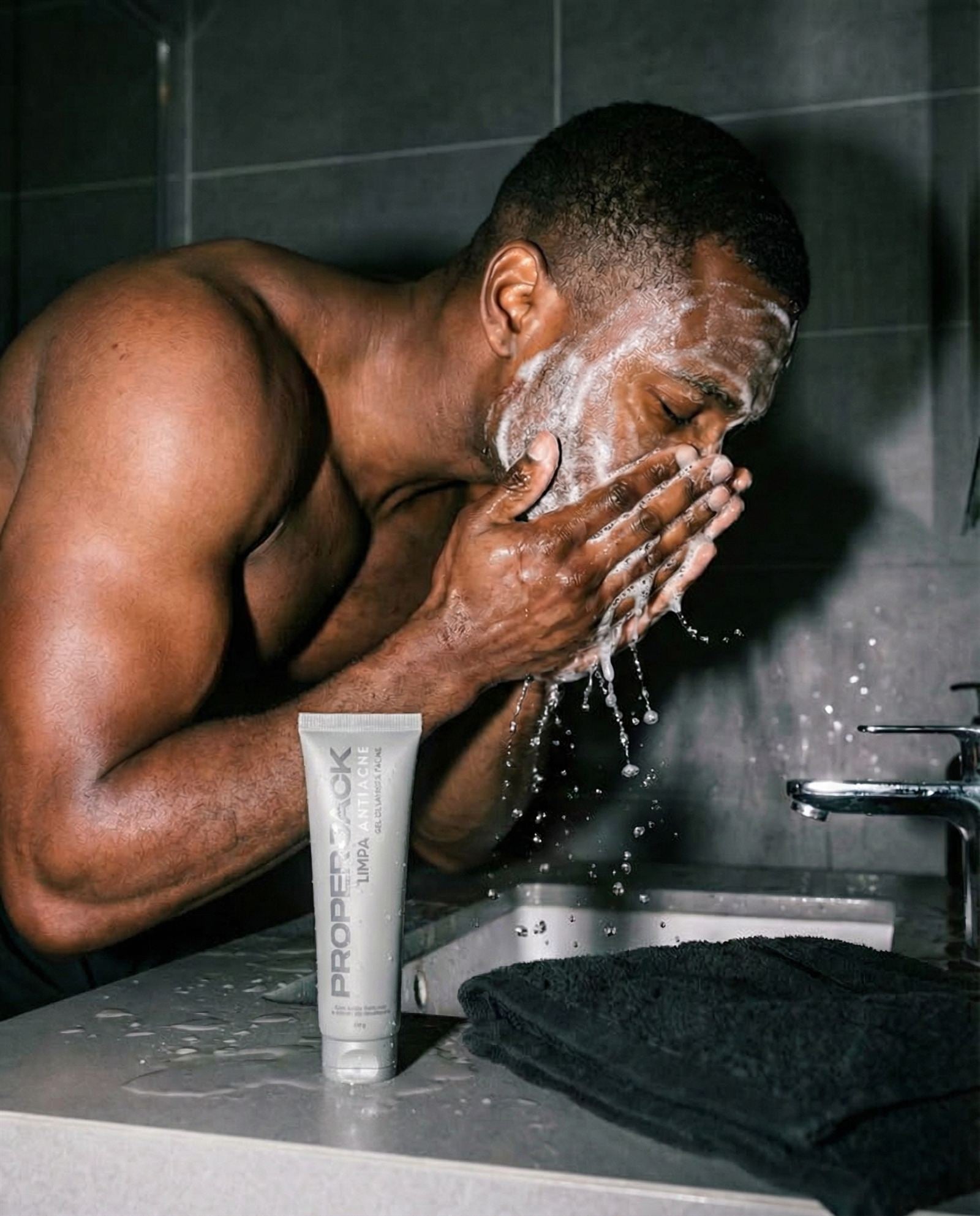 Homem lavando o rosto com o LIMPA ANTIACNE Proper Jack